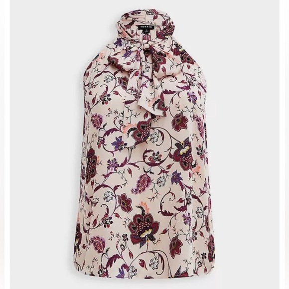 Torrid Satin High Neck Bow Tie Front Halter Top Floral Pink Size 4 - Picture 4 of 14